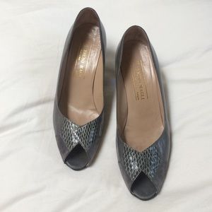 100% Leather + Suede + Snakeskin Gray Peep Toe